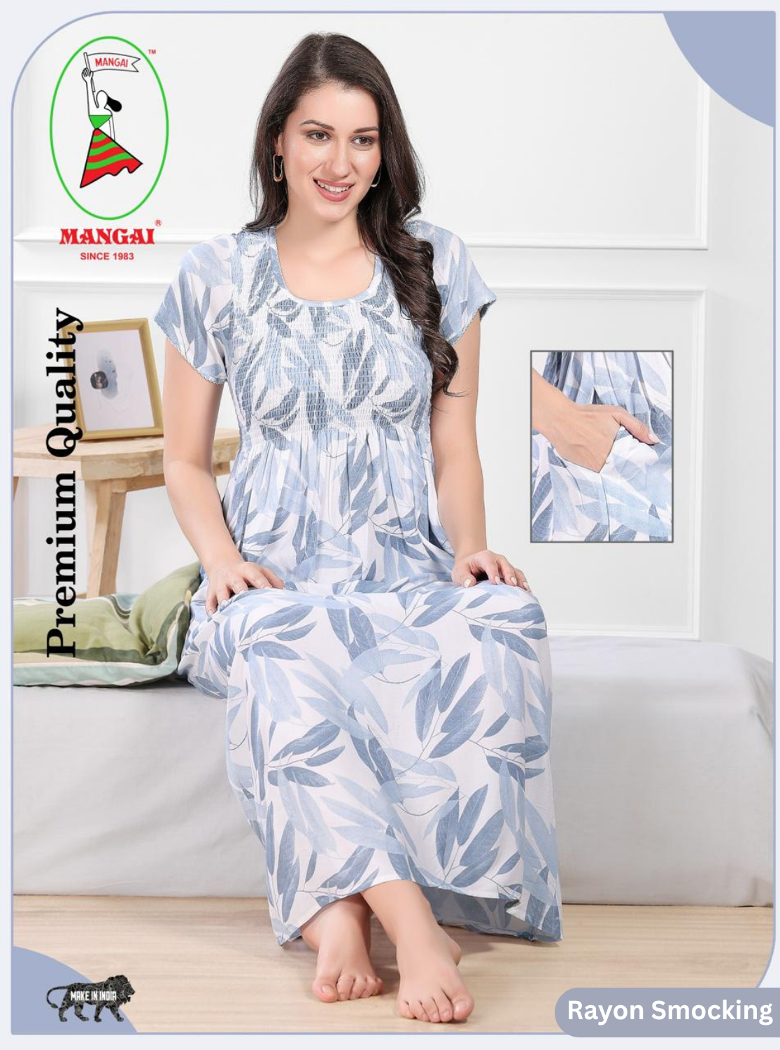 MANGAI Premium RAYON Smocking Nighty | Beautiful Pleated Design | Side Pocket | Stylish Nighty for Trendy Women's | Your Perfect Nightwear Collection's (RYS)