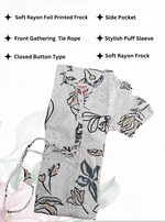 Rayon Colourful Foil Printing Gathering Frock Model Nighties | Side Pocket and Gathering Front Rope | Fancy Sleeve & Maxi Frock Nightwear for Stylish Women's (FGF)