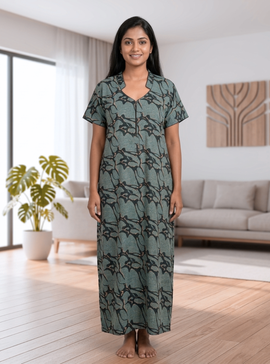 MANGAI Regular Cotton Printed Nighty for Women | Collar Neck Front Zipper Full Length Nighty with Side Pocket | Half Sleeve Comfort Fit House Wear (ATR)