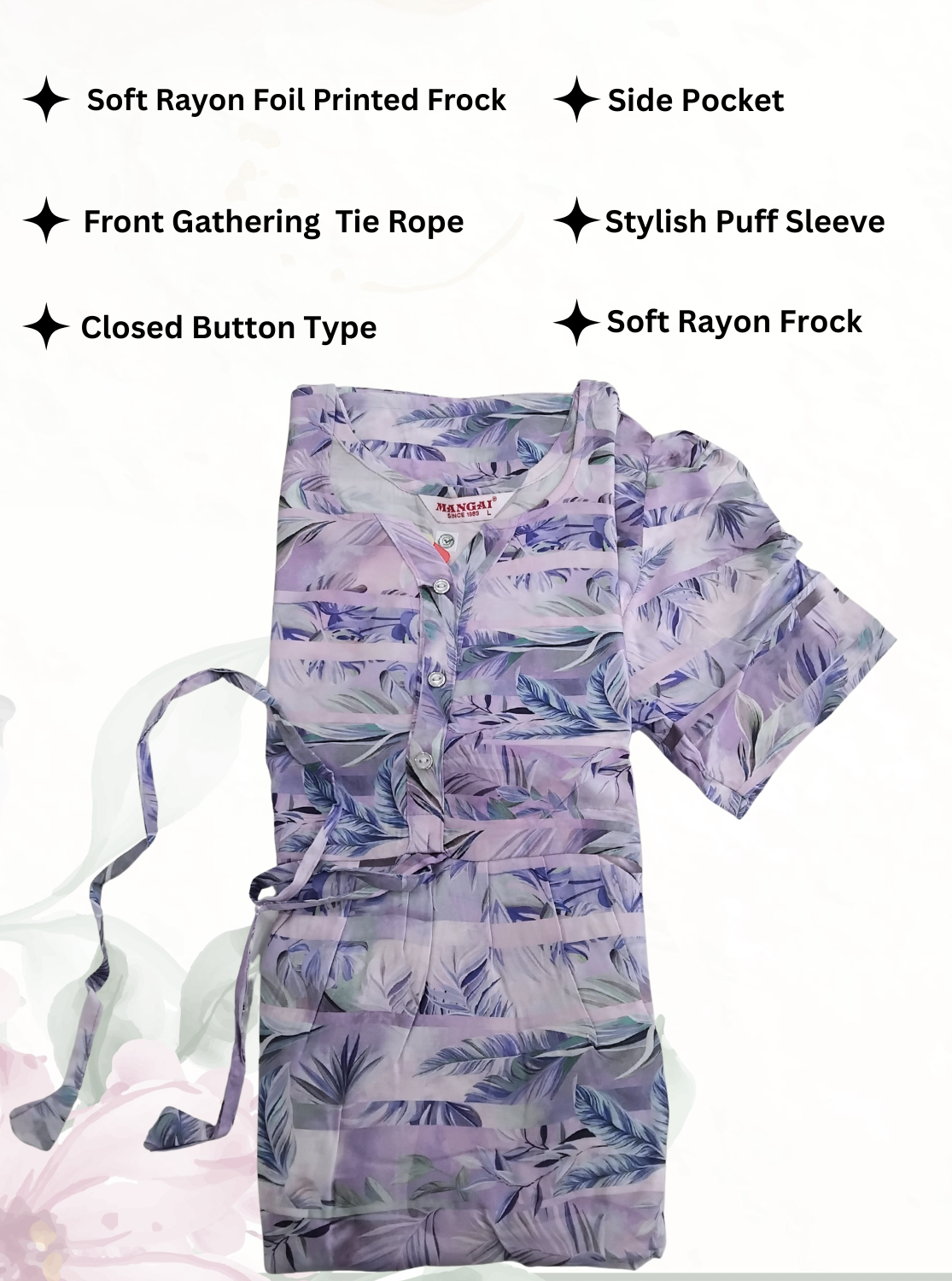 Rayon Colourful Foil Printing Gathering Frock Model Nighties | Side Pocket and Gathering Front Rope | Fancy Sleeve & Maxi Frock Nightwear for Stylish Women's (FGF)
