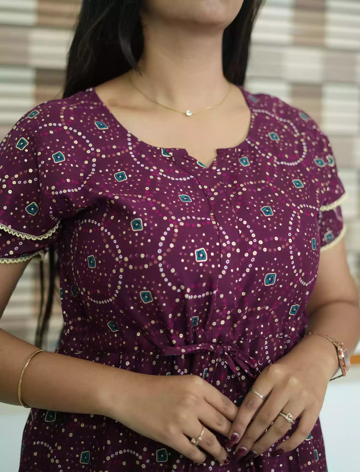 Rayon Circle Print Gathering Maxi with Side Pocket- Mangai Nighties