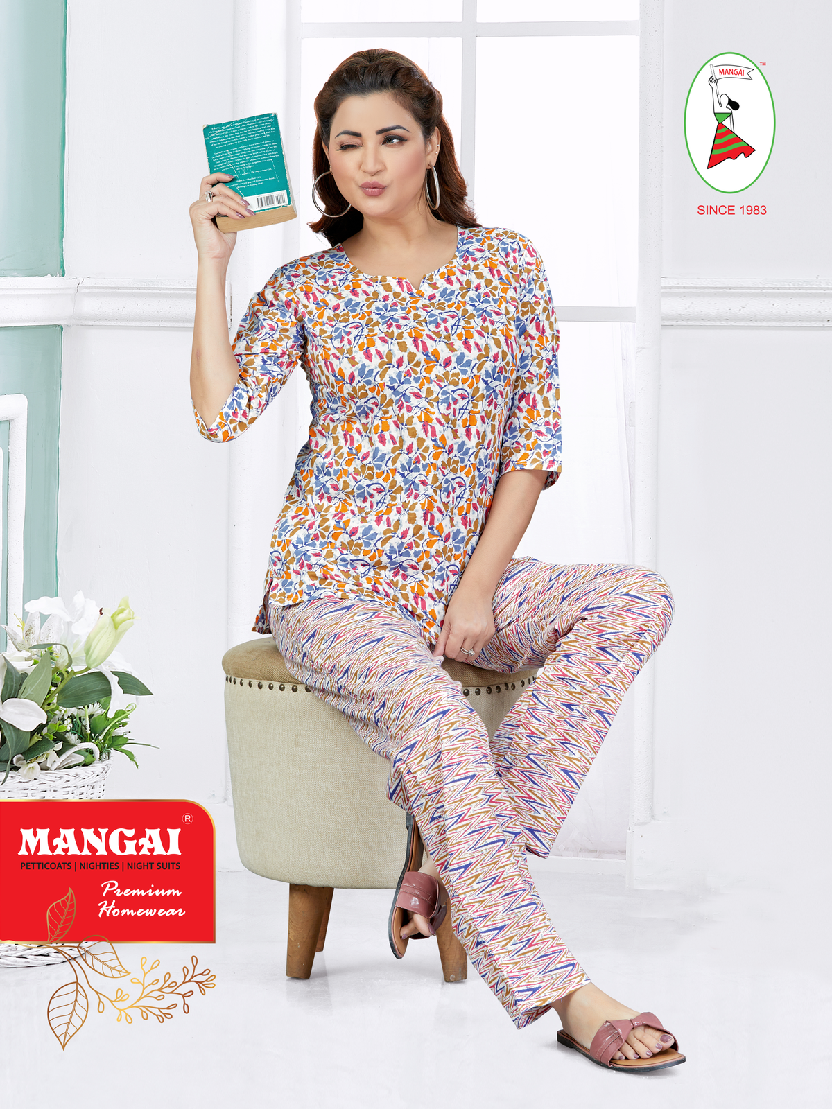MANGAI Premium Cotton Printed Cambric Night Suits | Stylish Print's All Over | Top & Bottom Set | 3/4 Sleeve | Trendy Night Suits for Stylish Women's (CMNS)