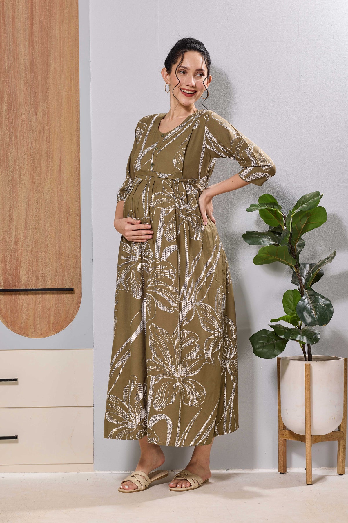 MANGAI Women's Black Floral Feeding Zipper Maternity Frock