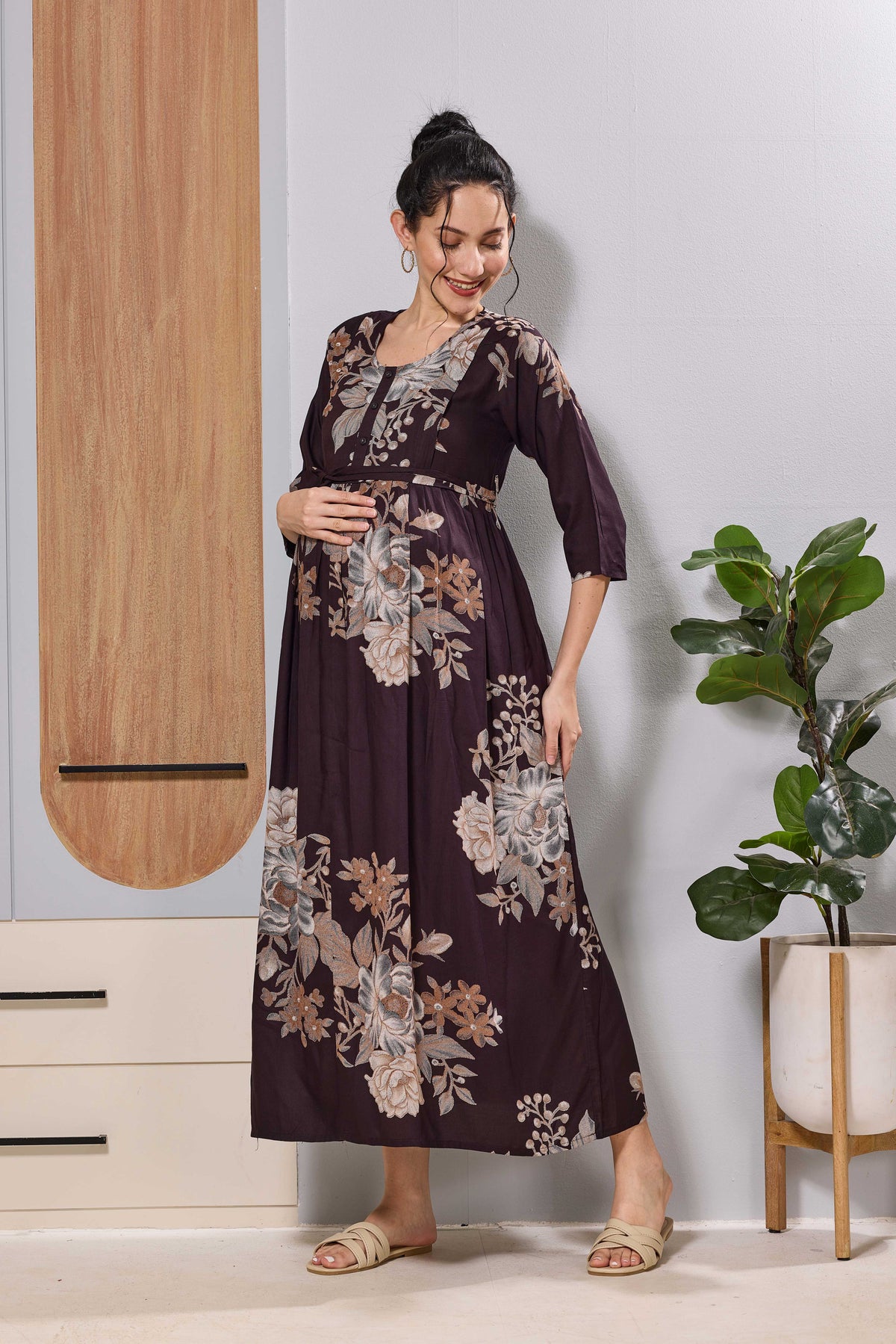 Mangai Teal Blue Floral Feeding Dress | Maternity Long Frock