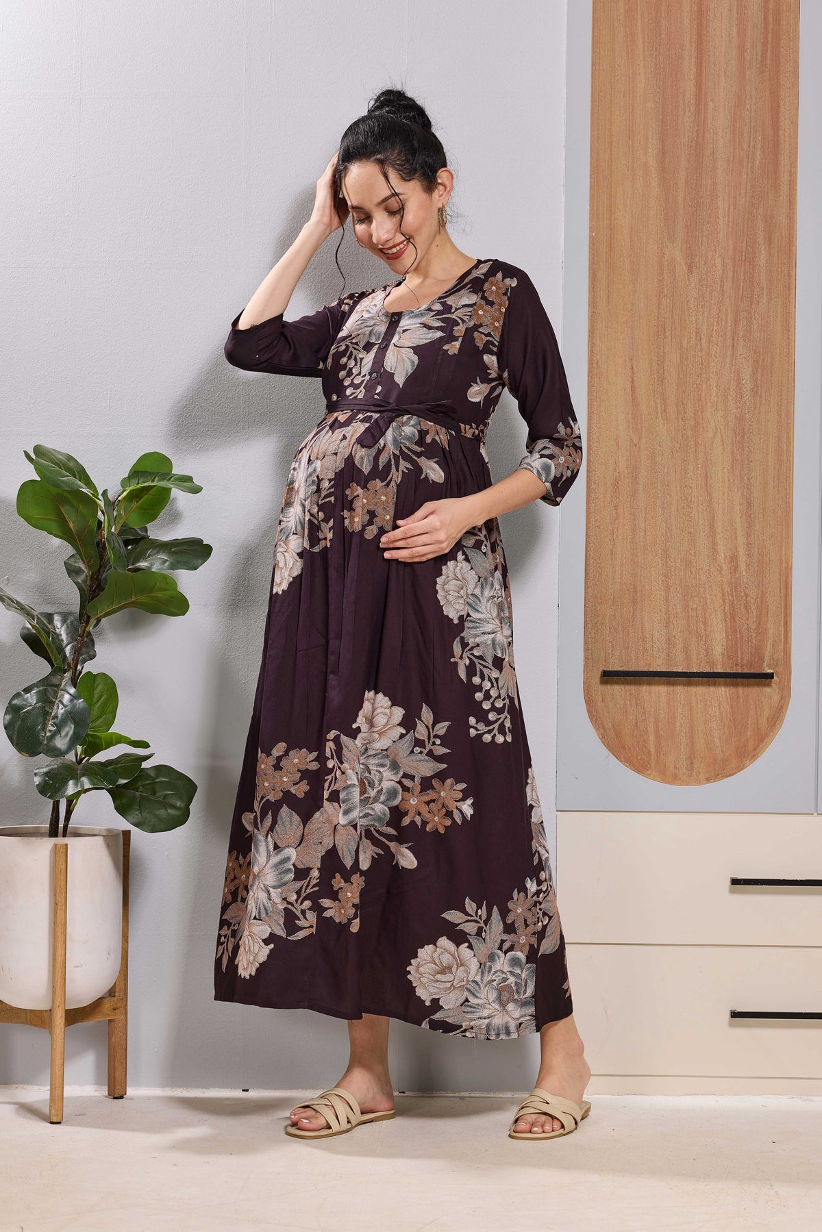 Mangai Teal Blue Floral Feeding Dress | Maternity Long Frock