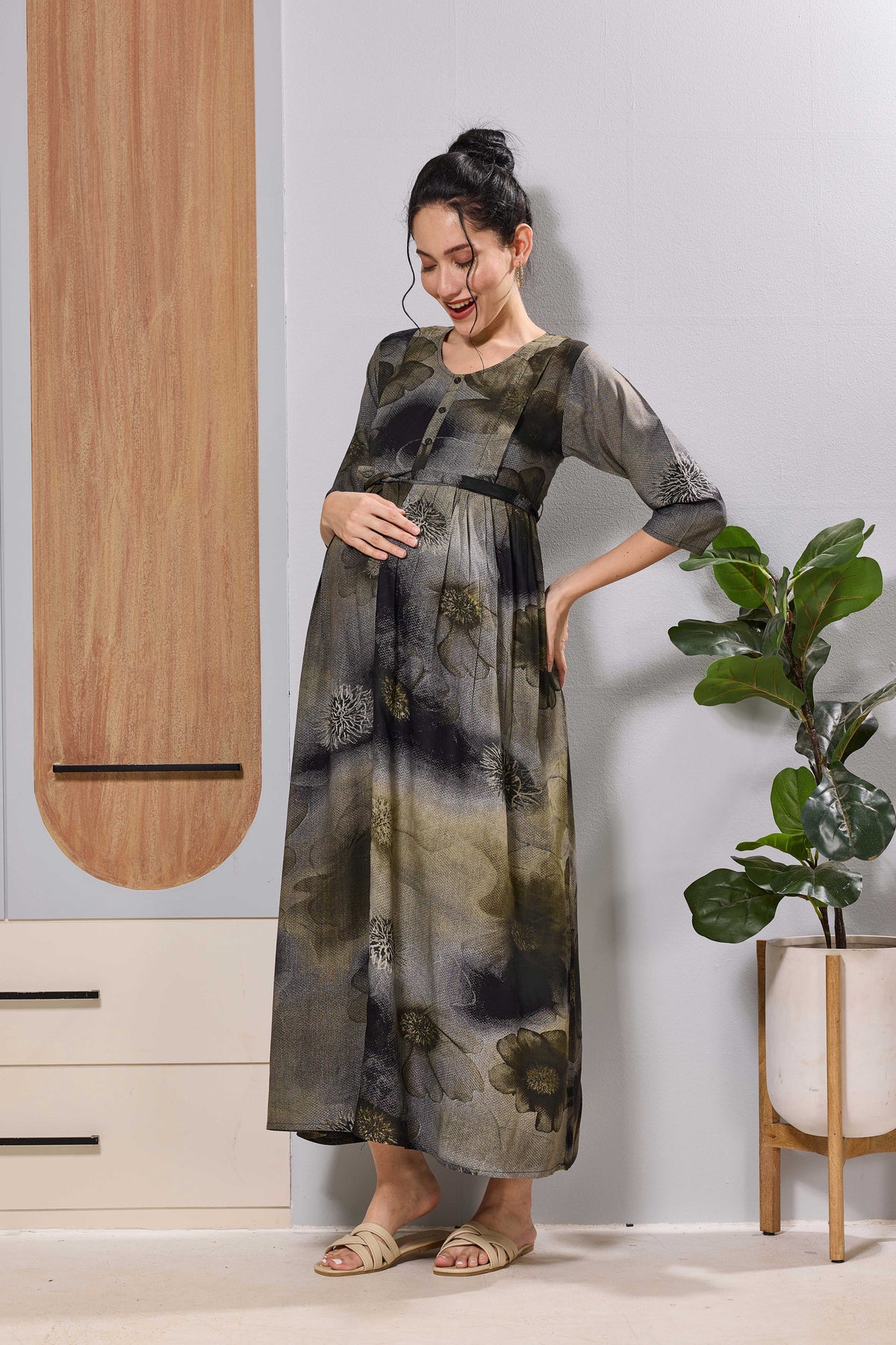 Mangai Olive Green Maternity Feeding Long Frock with Zip