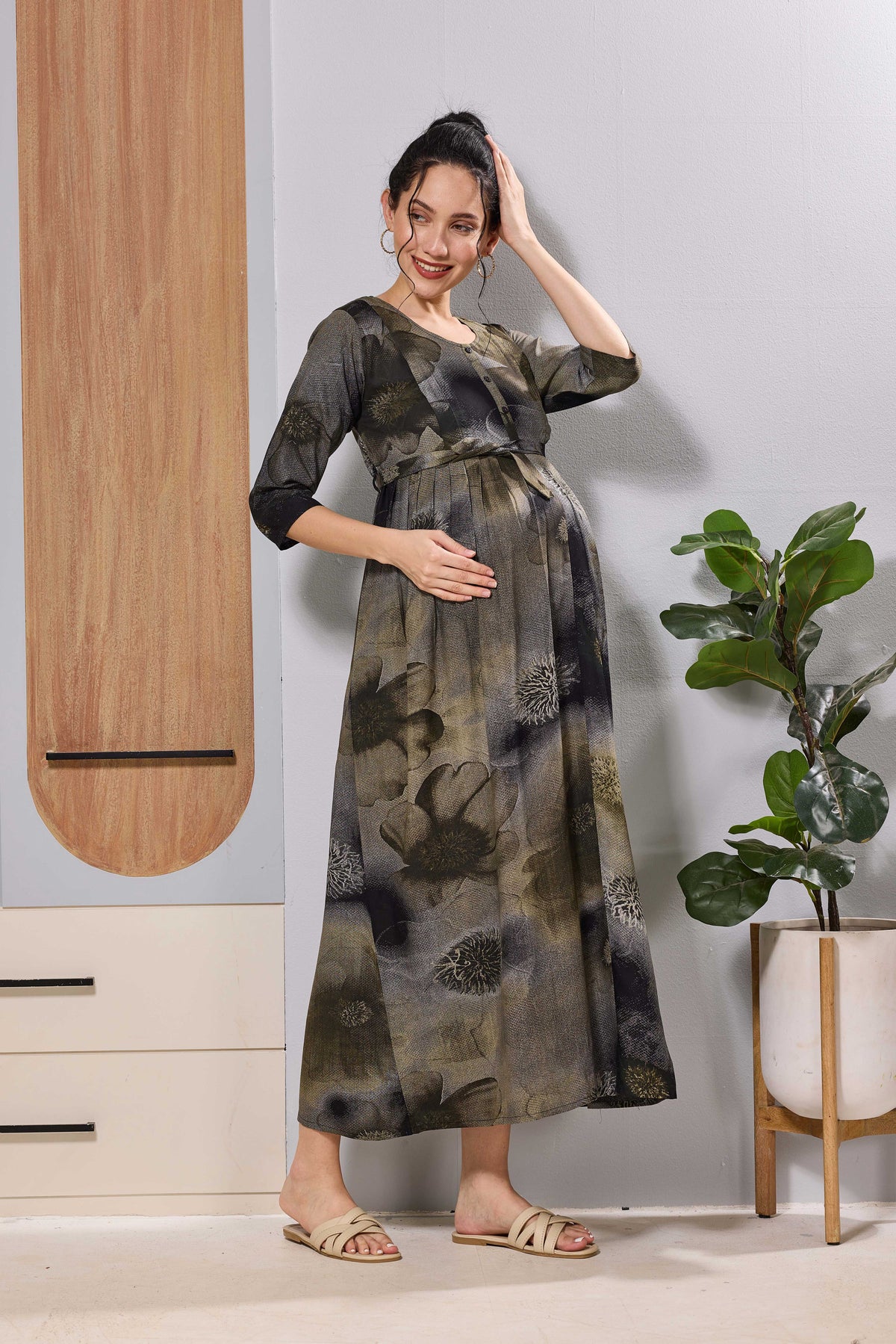 Mangai Olive Green Maternity Feeding Long Frock with Zip