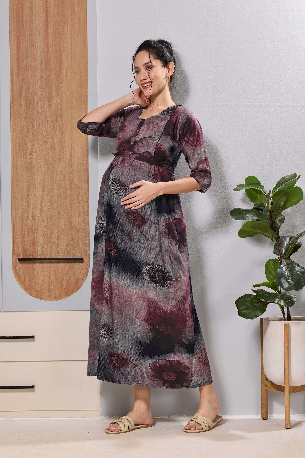 Mangai Olive Green Maternity Feeding Long Frock with Zip