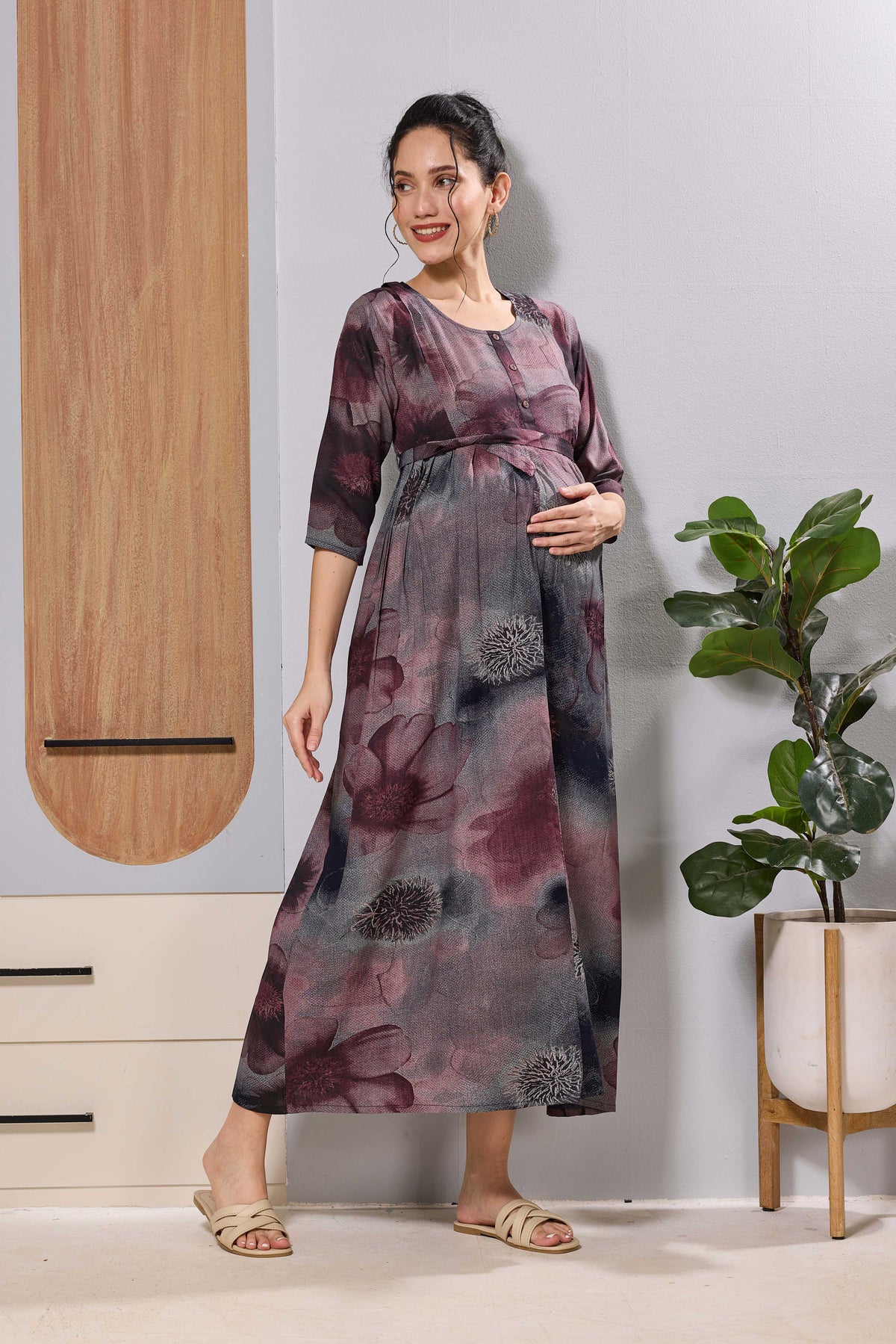 Mangai Olive Green Maternity Feeding Long Frock with Zip