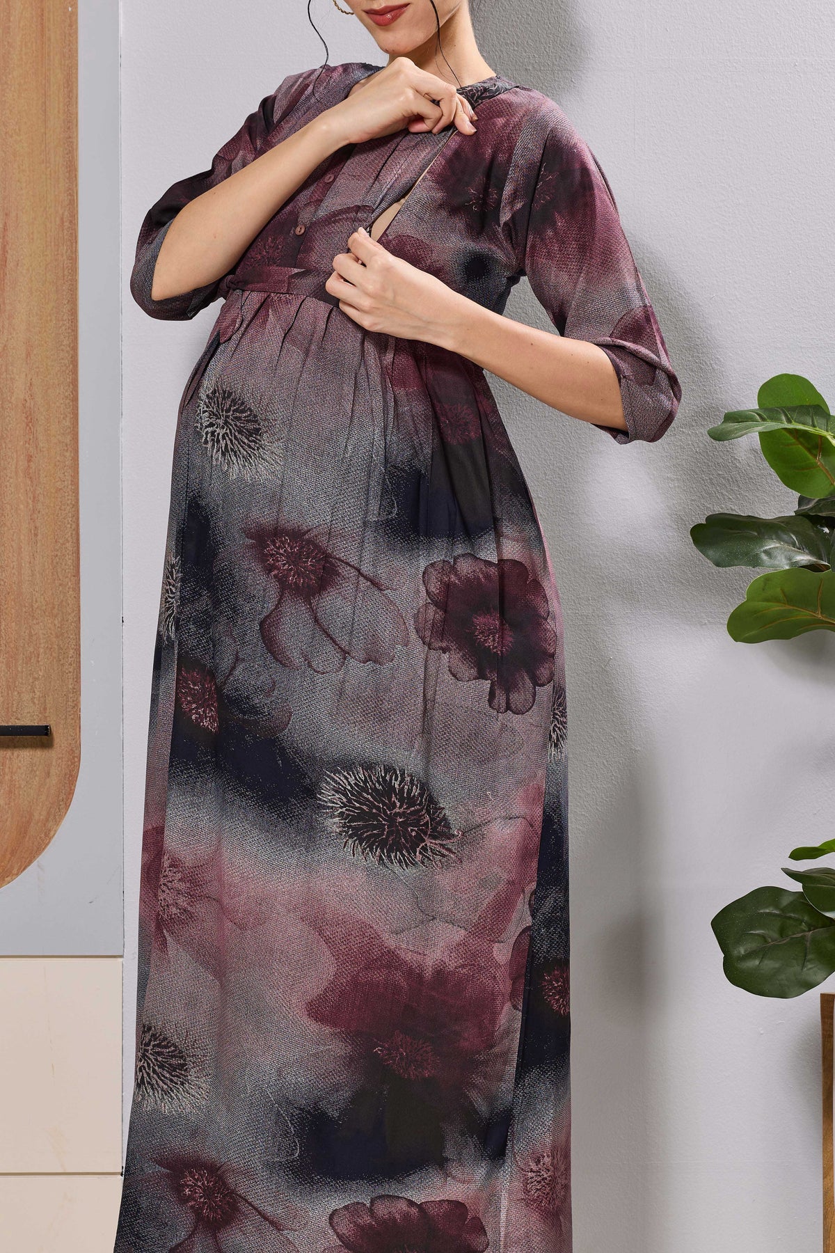 Mangai Olive Green Maternity Feeding Long Frock with Zip