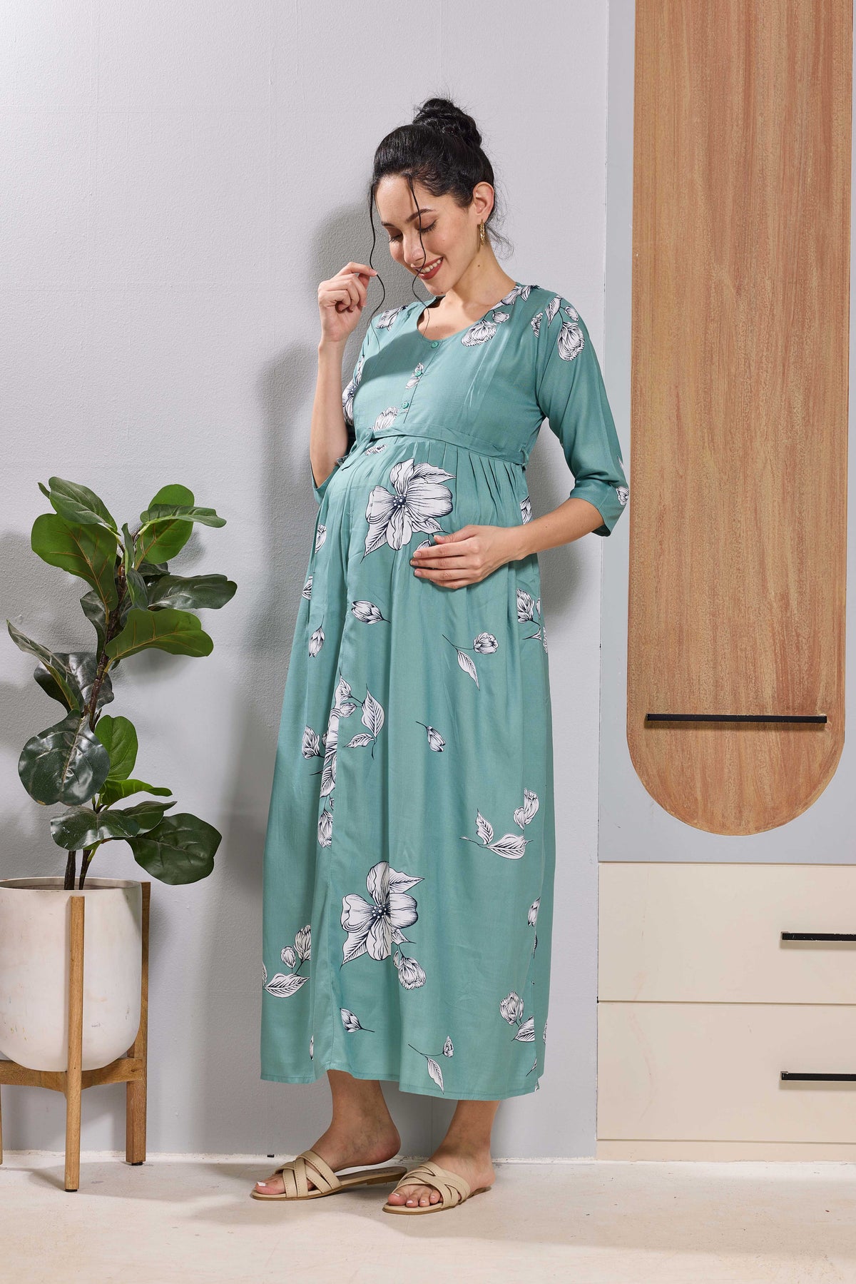 Mangai Pink Floral Feeding & Maternity Wear Long Frock Dress