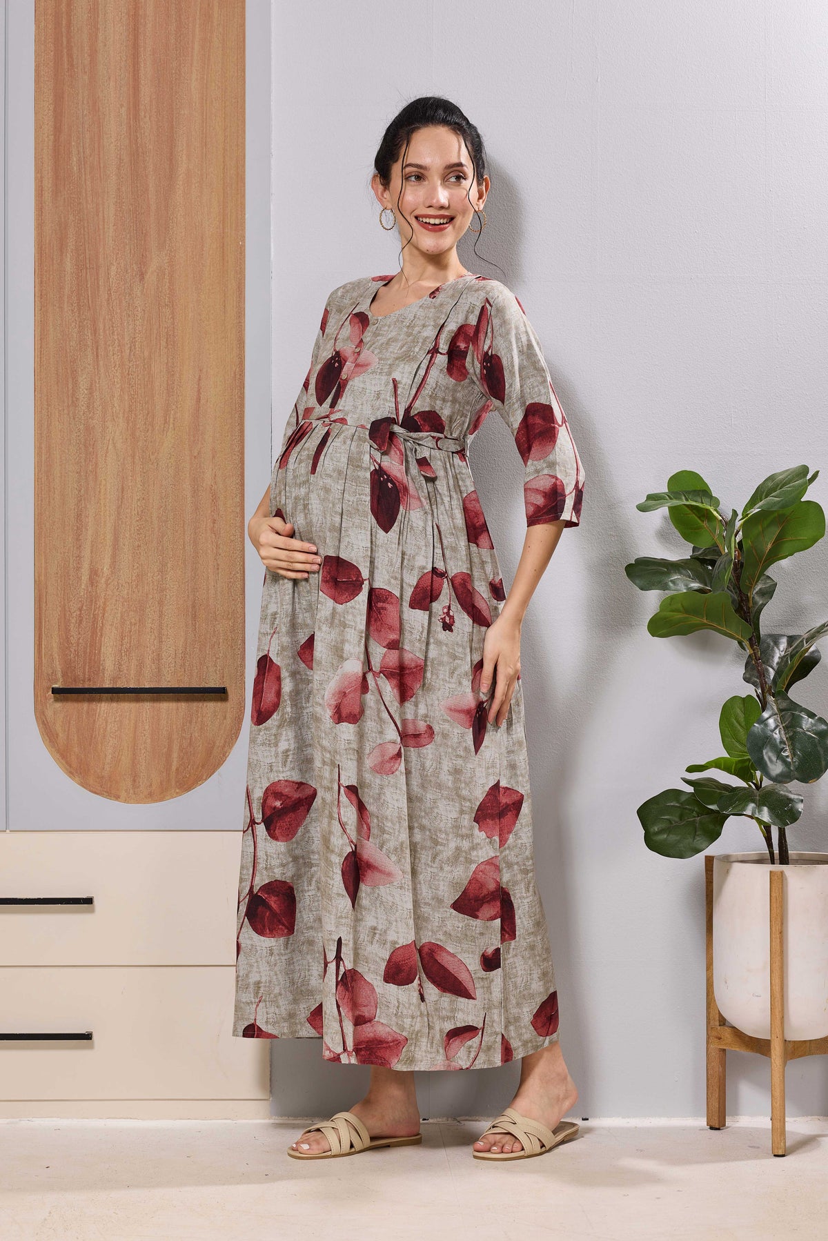 Mangai Dusty Pink Maternity Feeding Long Frock with Zip