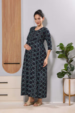 Mangai Navy Maternity Feeding Long Frock with Invisible Zip