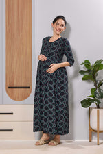 Mangai Navy Maternity Feeding Long Frock with Invisible Zip