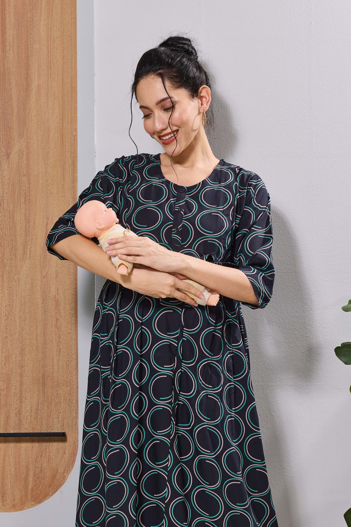 Mangai Navy Maternity Feeding Long Frock with Invisible Zip
