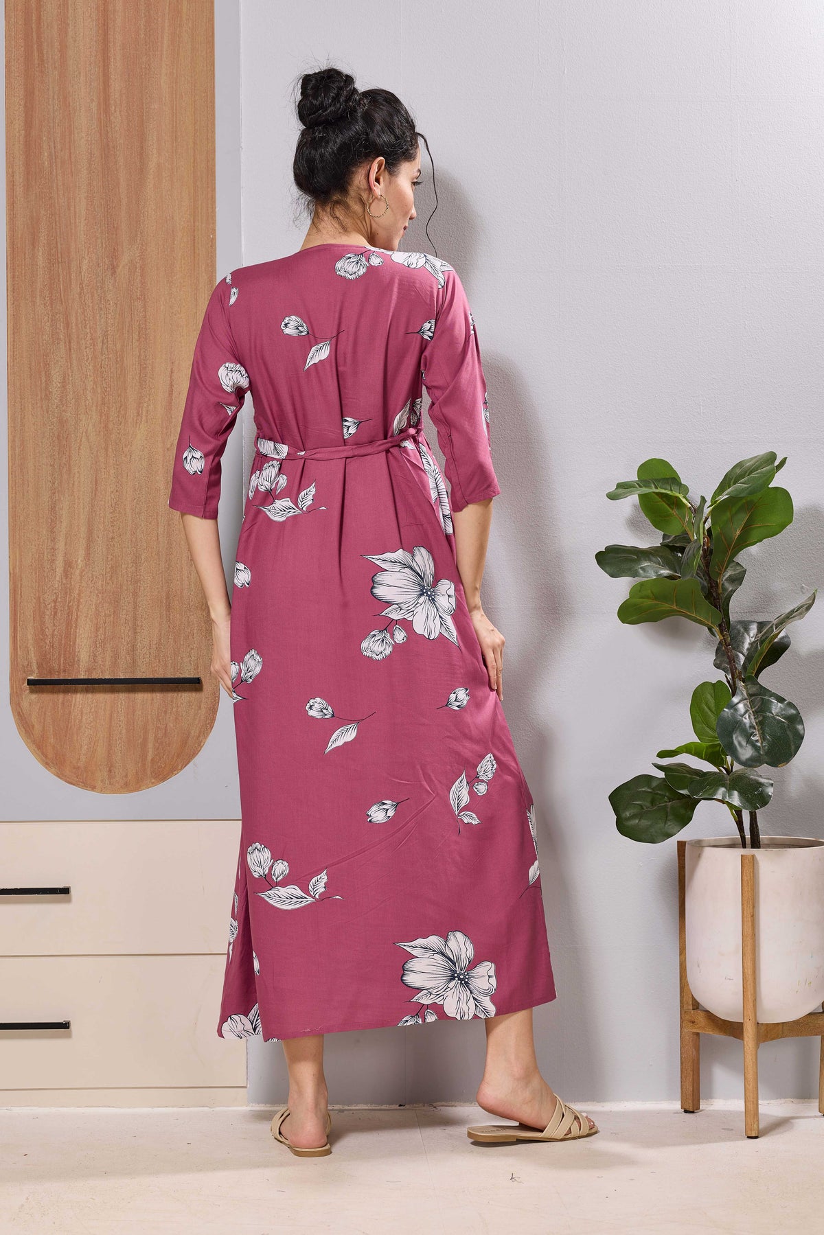 Mangai Pink Floral Feeding & Maternity Wear Long Frock Dress