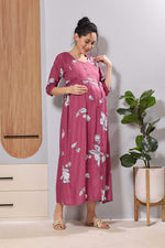 Mangai Pink Floral Feeding & Maternity Wear Long Frock Dress