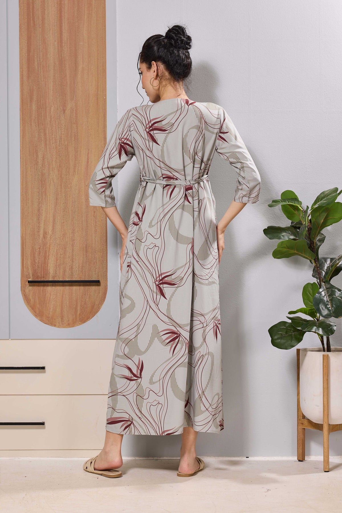 Mangai Beige Maternity Feeding Long Frock with Invisible Zip