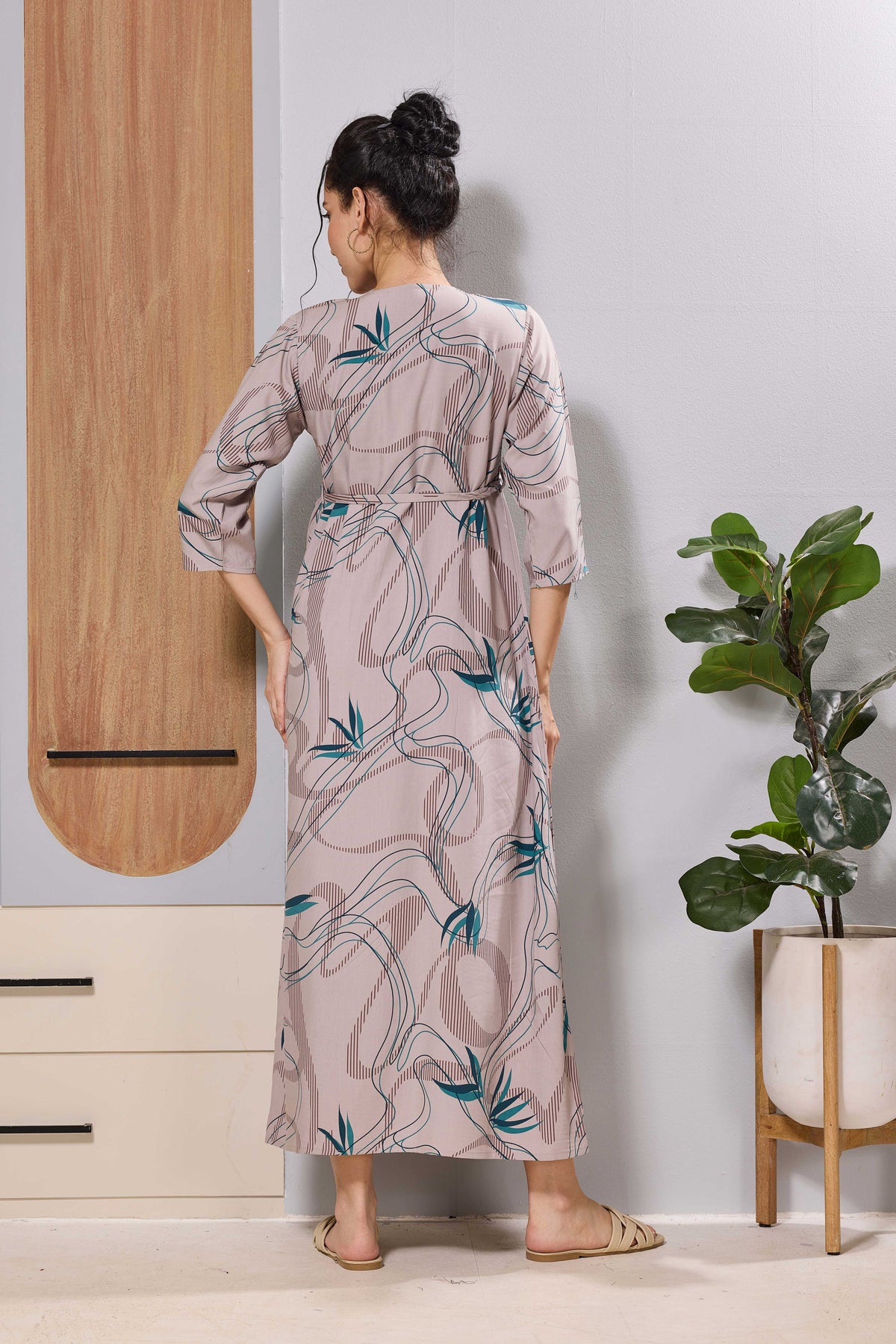 Mangai Beige Maternity Feeding Long Frock with Invisible Zip