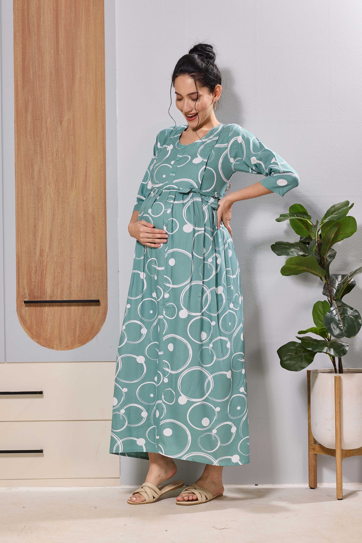 Mangai Mint Green Feeding & Maternity Wear Long Frock Dress