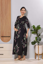 Mangai Black Leaf Print Feeding & Maternity Dress | Long Frock