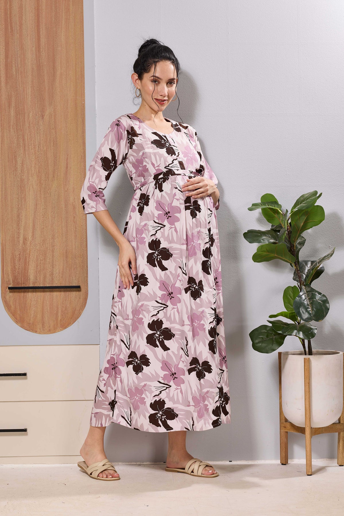 Mangai Blush Pink Floral Feeding Dress | Maternity Long Frock