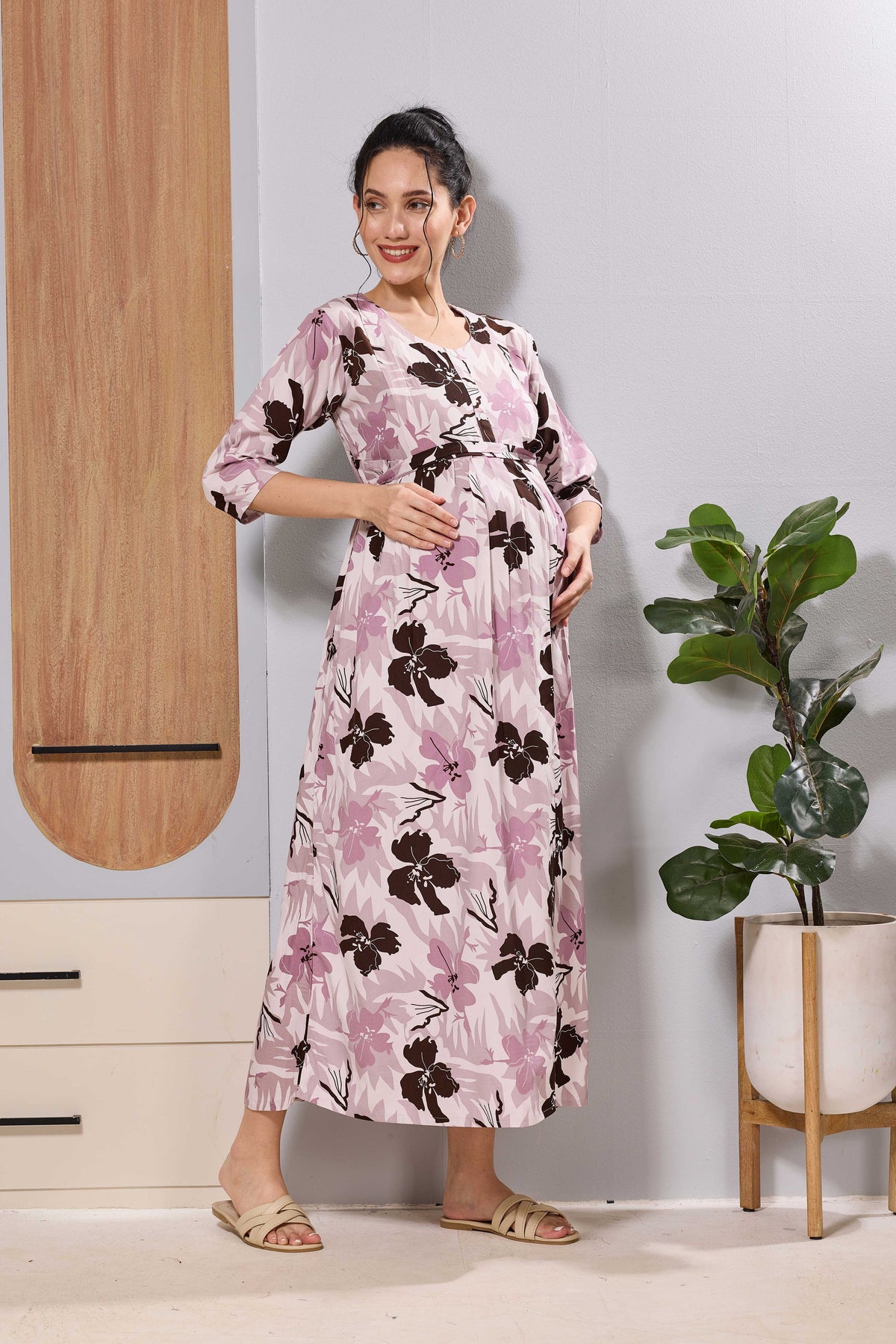 Mangai Blush Pink Floral Feeding Dress | Maternity Long Frock