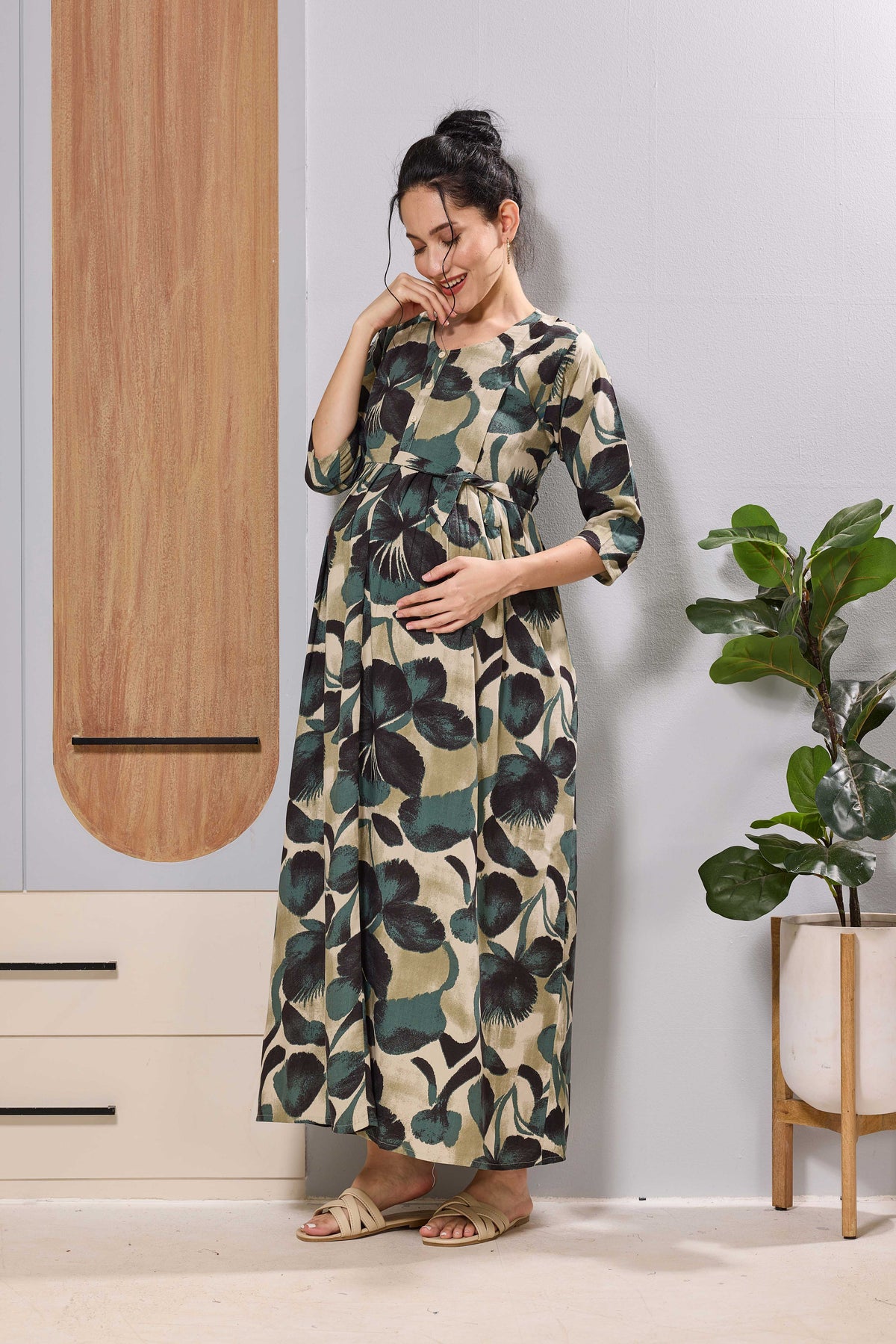 Mangai Teal Blue Maternity Feeding Long Frock with Zip