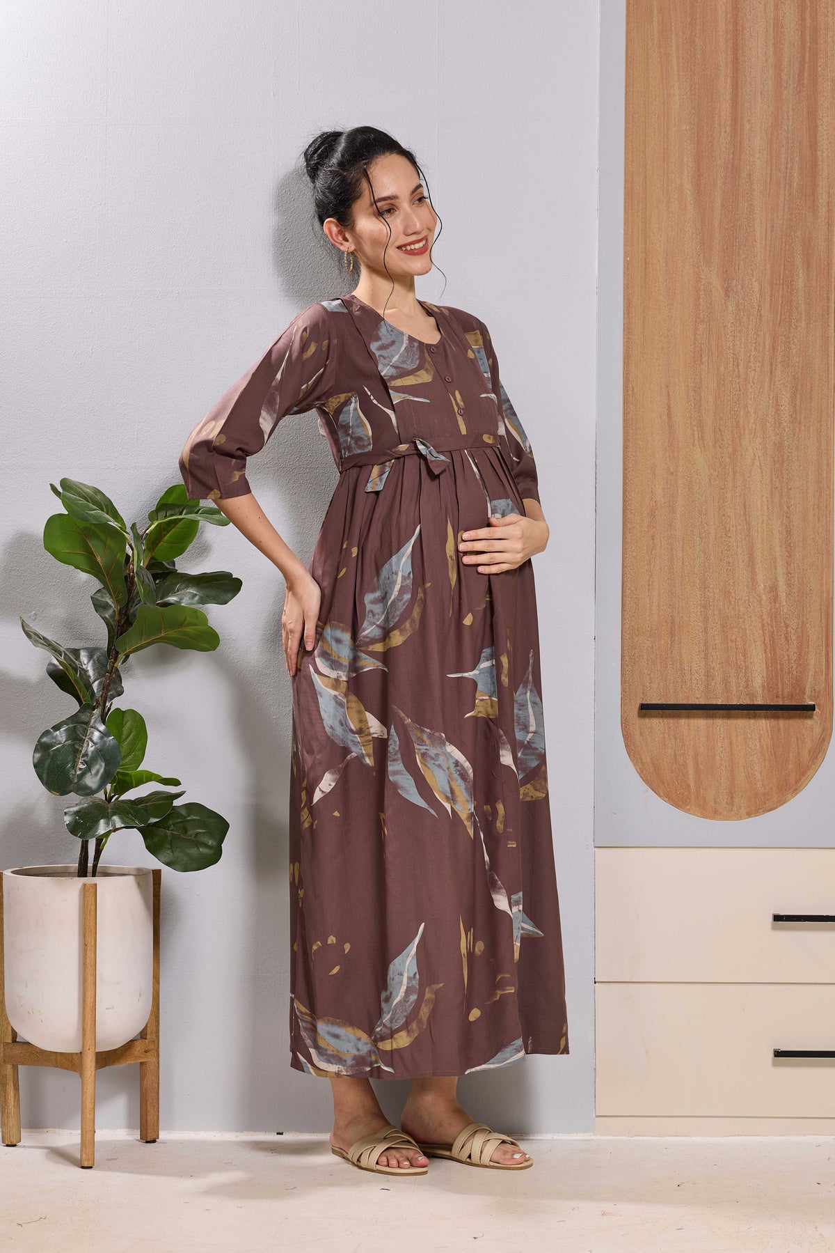 Mangai Brown Printed Feeding & Maternity Wear Long Frock Dress