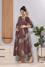 Mangai Brown Printed Feeding & Maternity Wear Long Frock Dress