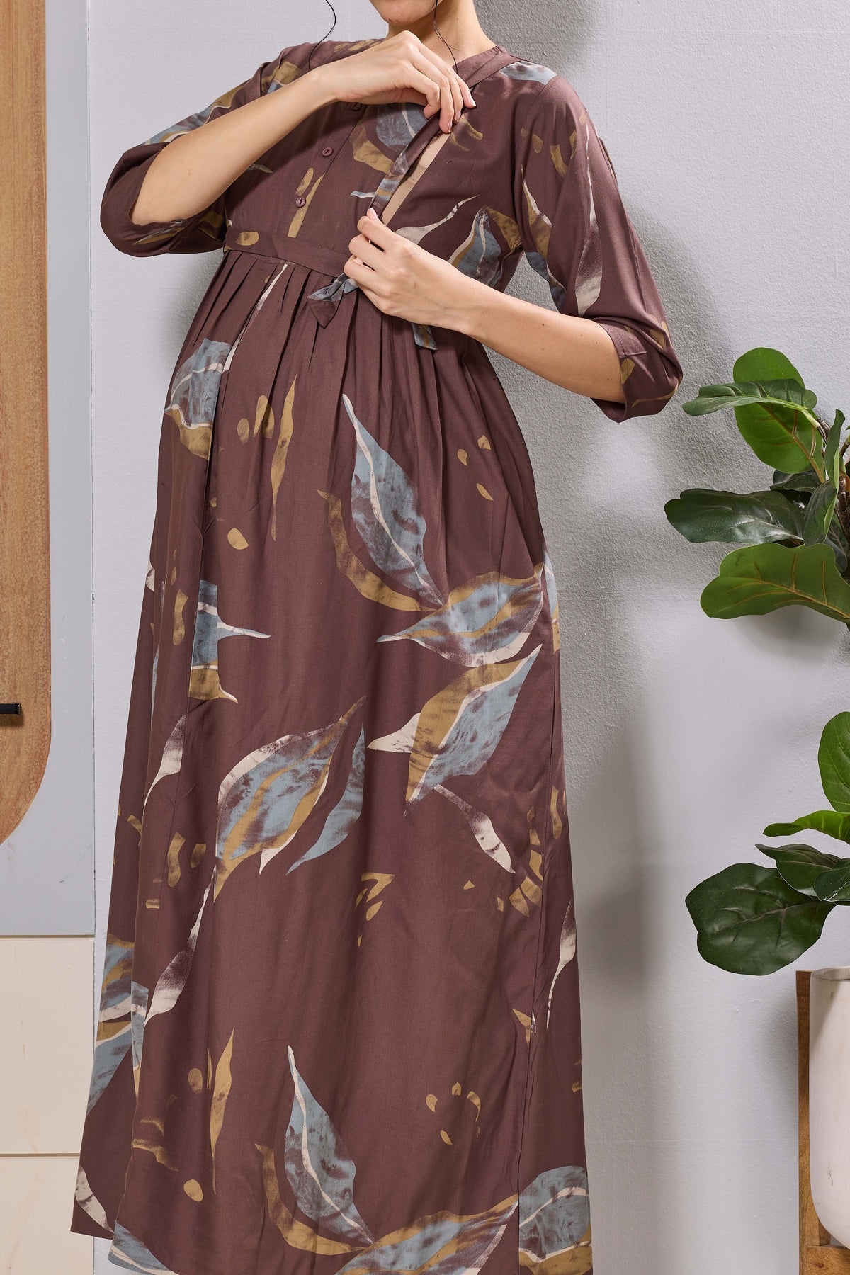 Mangai Brown Printed Feeding & Maternity Wear Long Frock Dress