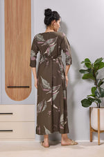 Mangai Brown Printed Feeding & Maternity Wear Long Frock Dress