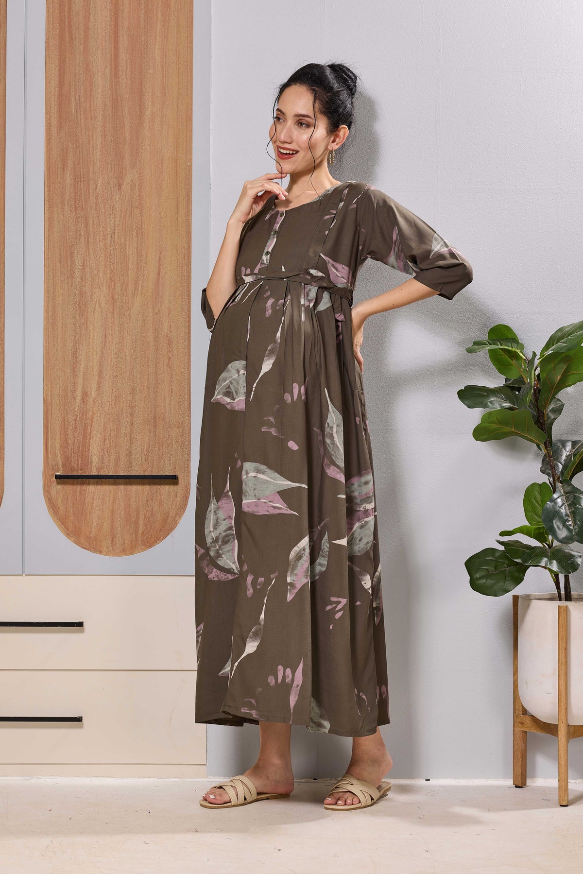 Mangai Brown Printed Feeding & Maternity Wear Long Frock Dress