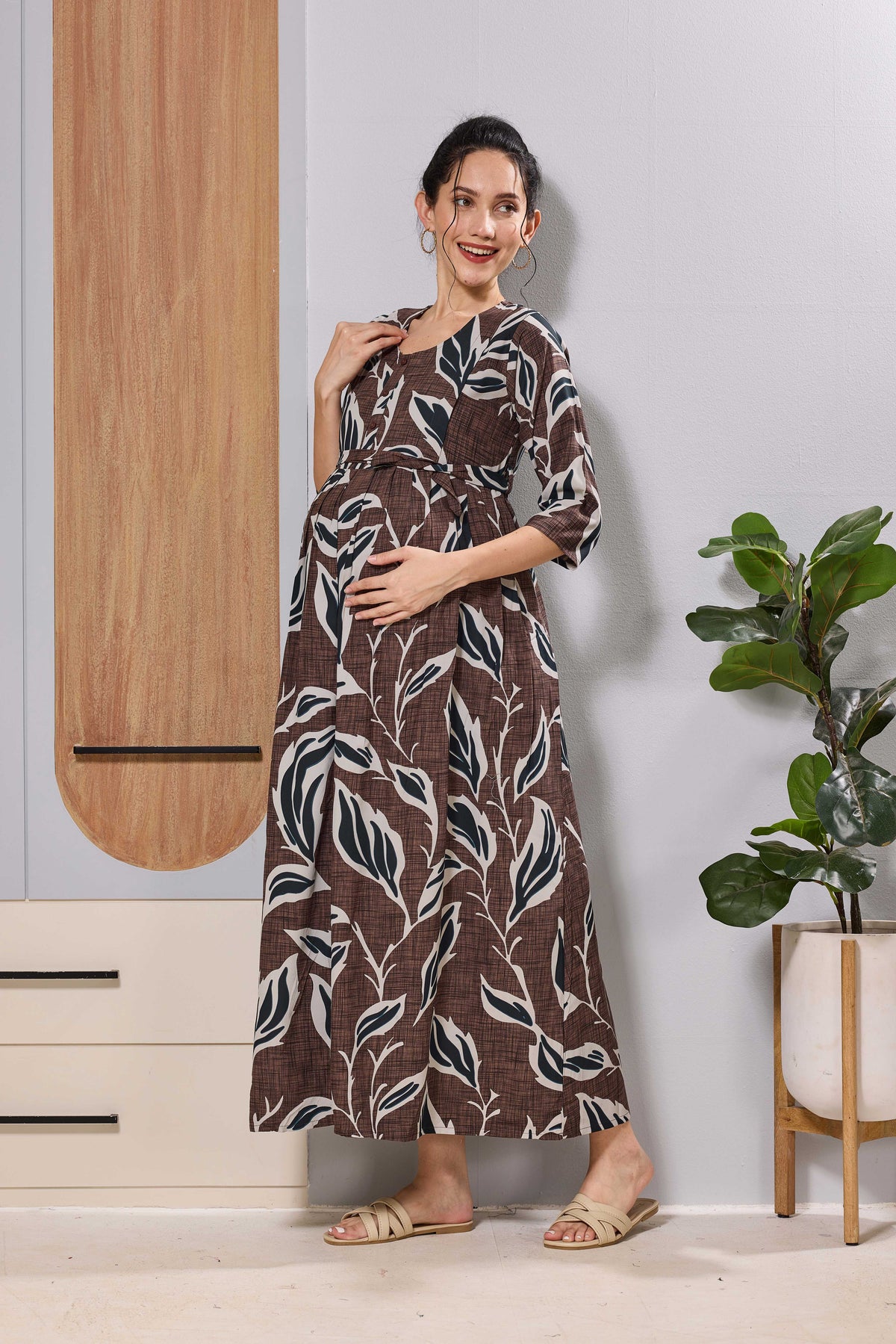 Mangai Coffee Brown Maternity Feeding Dress | Invisible Zipper