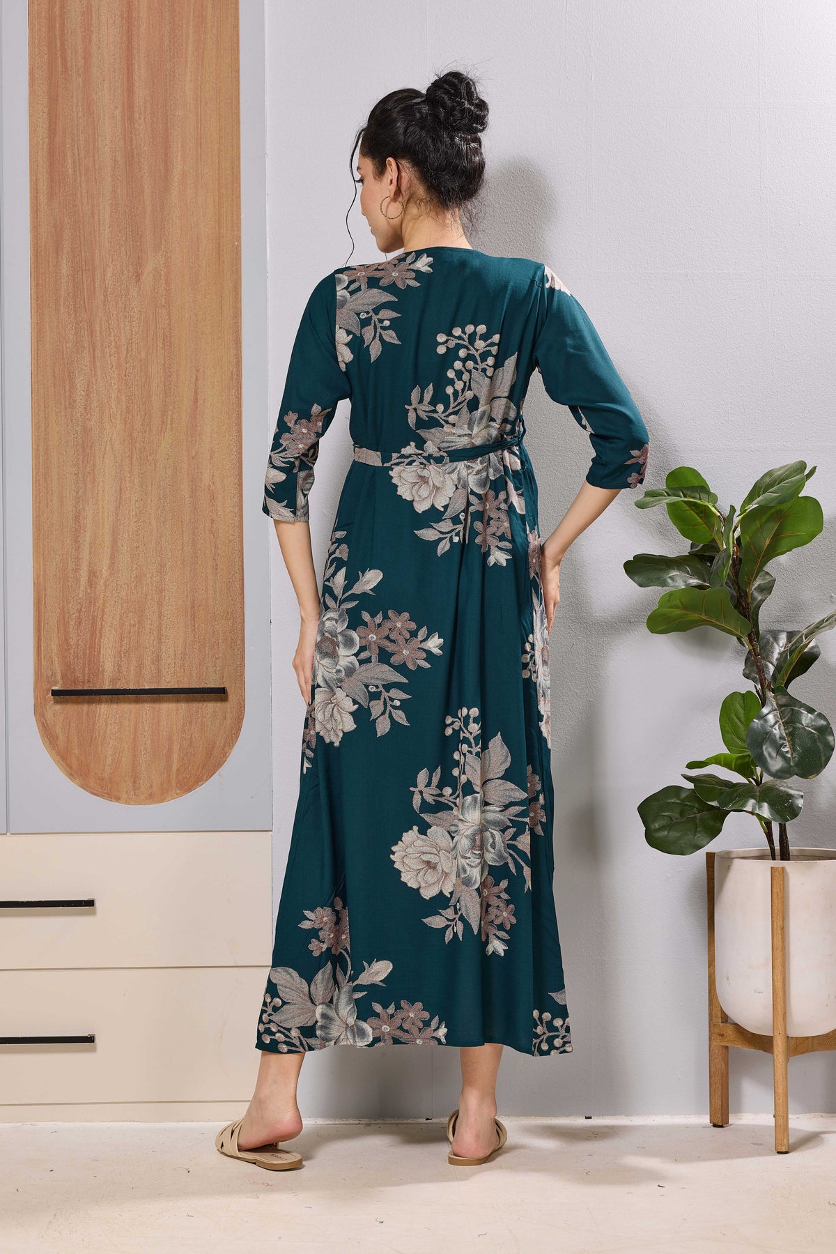 Mangai Teal Blue Floral Feeding Dress | Maternity Long Frock