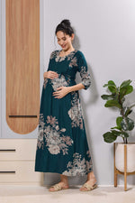 Mangai Teal Blue Floral Feeding Dress | Maternity Long Frock