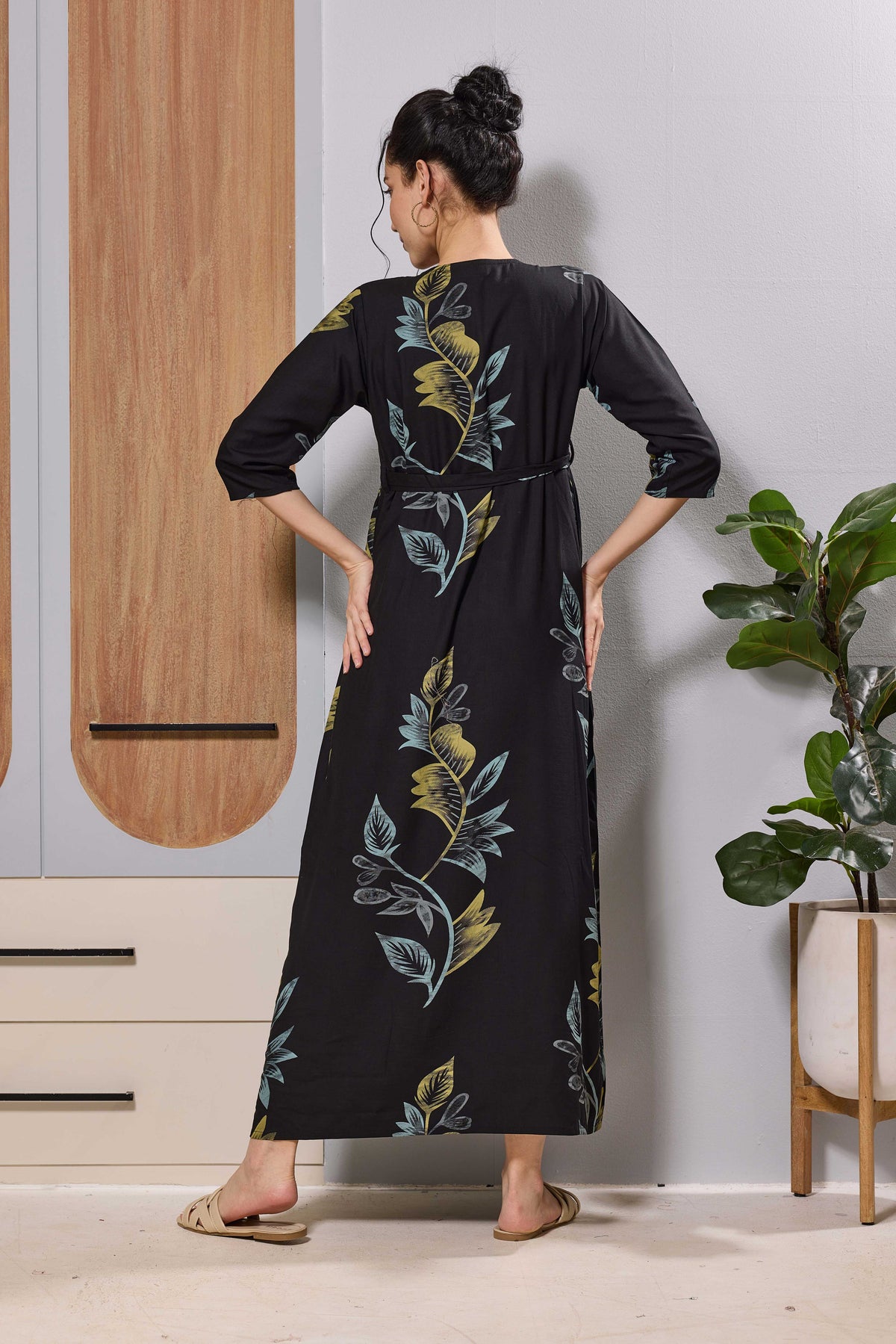 Mangai Black Leaf Print Feeding & Maternity Dress | Long Frock