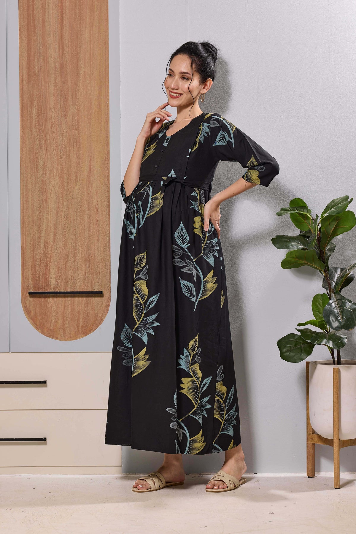 Mangai Black Leaf Print Feeding & Maternity Dress | Long Frock
