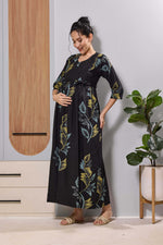 Mangai Black Leaf Print Feeding & Maternity Dress | Long Frock