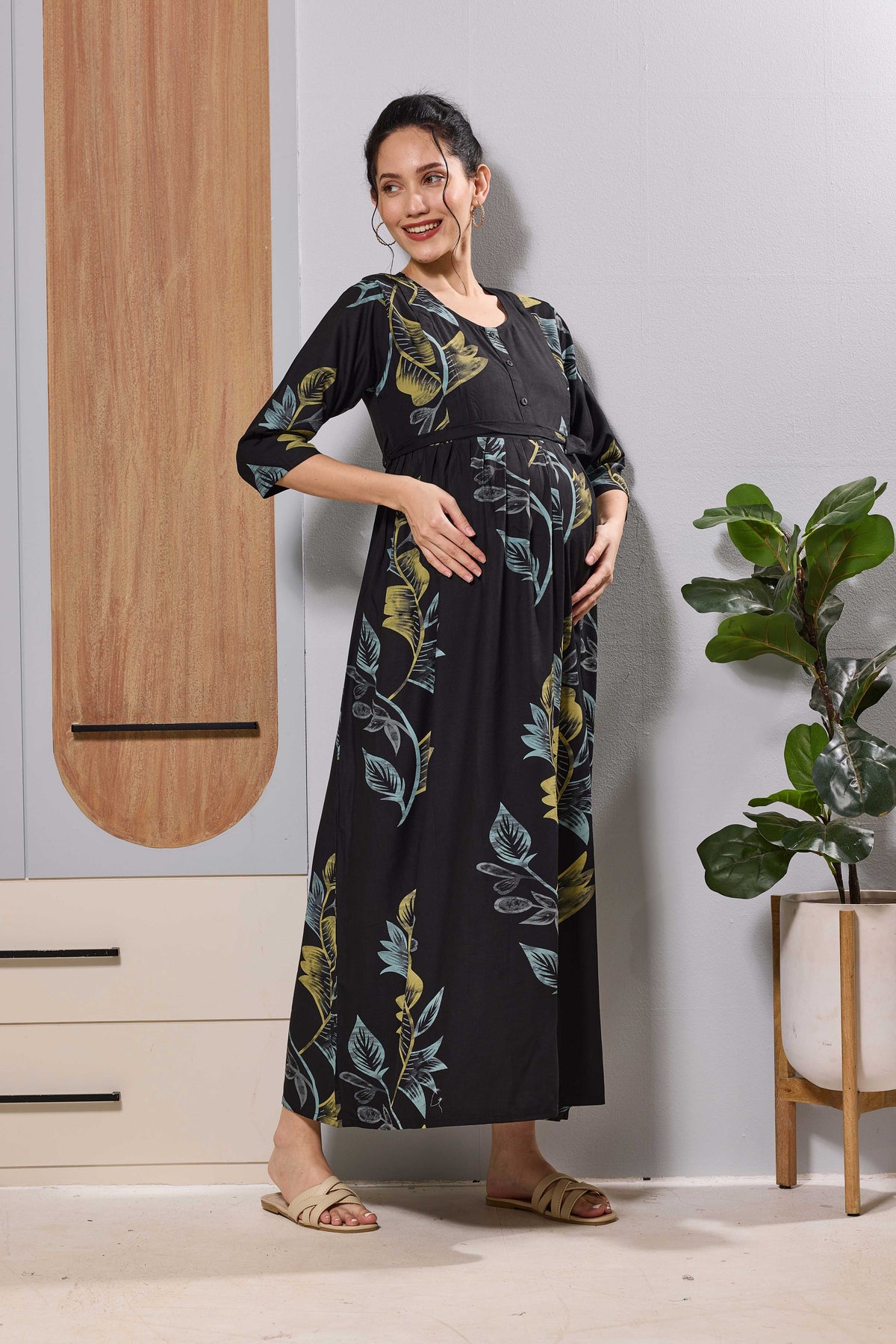Mangai Black Leaf Print Feeding & Maternity Dress | Long Frock