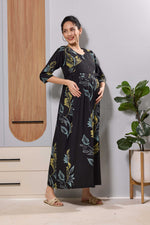 Mangai Black Leaf Print Feeding & Maternity Dress | Long Frock