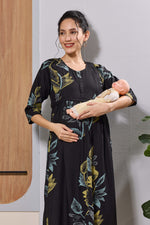 Mangai Black Leaf Print Feeding & Maternity Dress | Long Frock