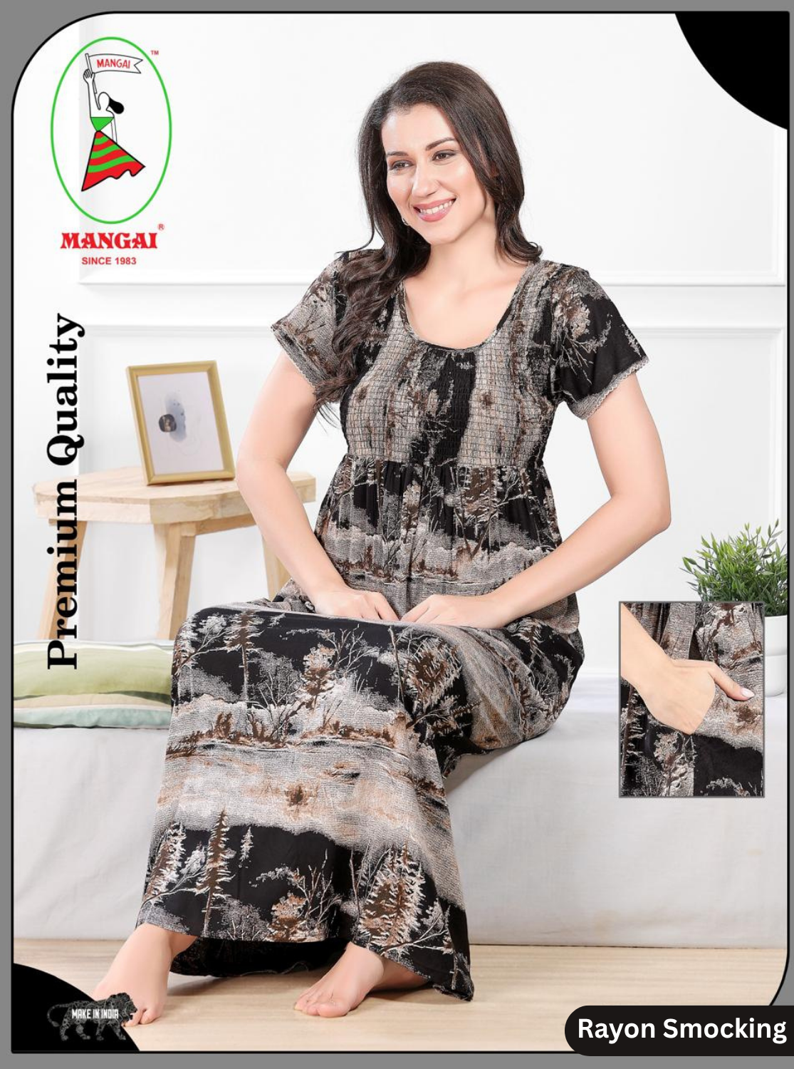 MANGAI Premium RAYON Smocking Nighty | Beautiful Pleated Design | Side Pocket | Stylish Nighty for Trendy Women's | Your Perfect Nightwear Collection's (RYS)