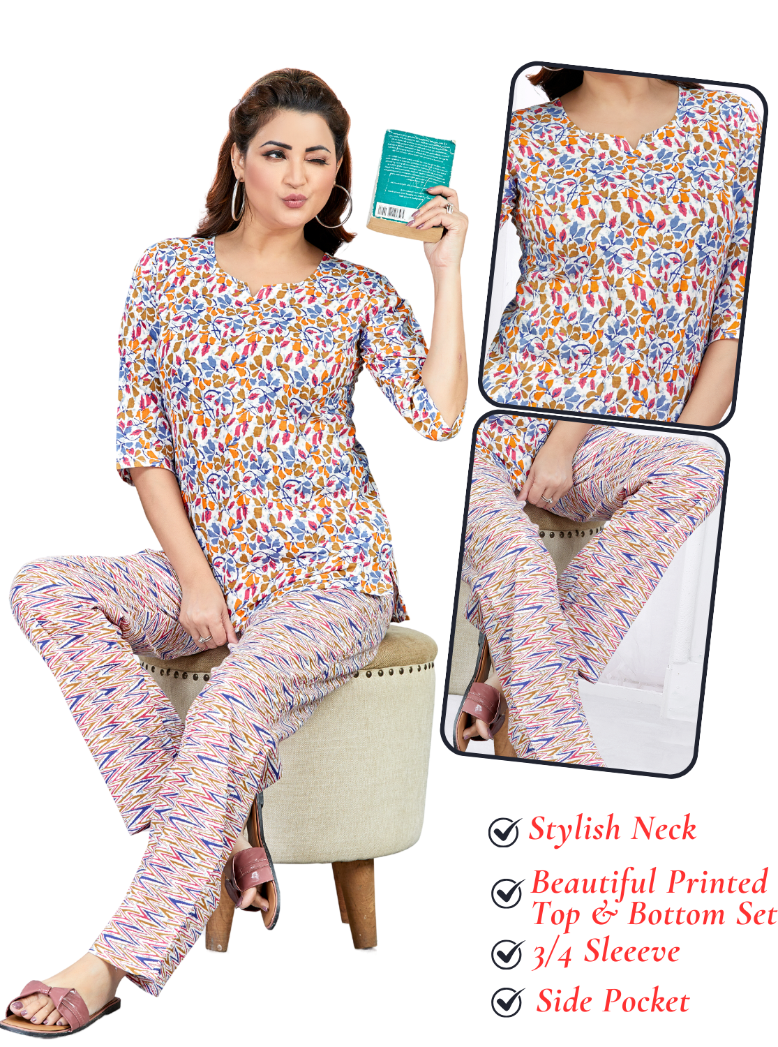 MANGAI Premium Cotton Printed Cambric Night Suits | Stylish Print's All Over | Top & Bottom Set | 3/4 Sleeve | Trendy Night Suits for Stylish Women's (CMNS)