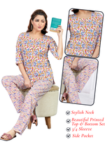 MANGAI Premium Cotton Printed Cambric Night Suits | Stylish Print's All Over | Top & Bottom Set | 3/4 Sleeve | Trendy Night Suits for Stylish Women's (CMNS)