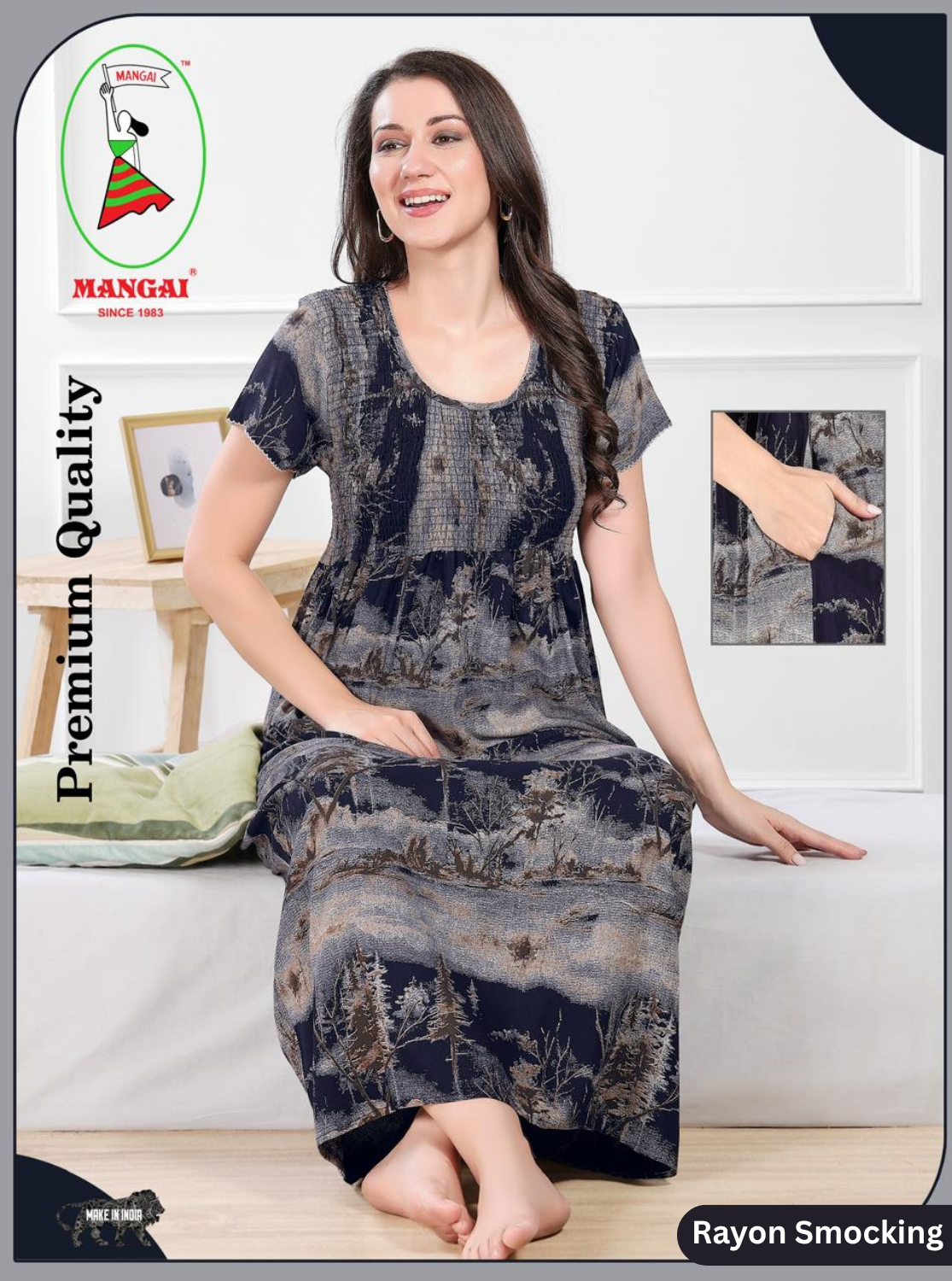 MANGAI Premium RAYON Smocking Nighty | Beautiful Pleated Design | Side Pocket | Stylish Nighty for Trendy Women's | Your Perfect Nightwear Collection's (RYS)