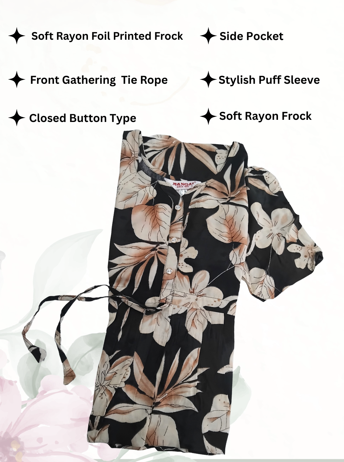 Rayon Colourful Foil Printing Gathering Frock Model Nighties | Side Pocket and Gathering Front Rope | Fancy Sleeve & Maxi Frock Nightwear for Stylish Women's (FGF)