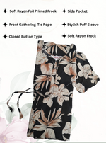 Rayon Colourful Foil Printing Gathering Frock Model Nighties | Side Pocket and Gathering Front Rope | Fancy Sleeve & Maxi Frock Nightwear for Stylish Women's (FGF)