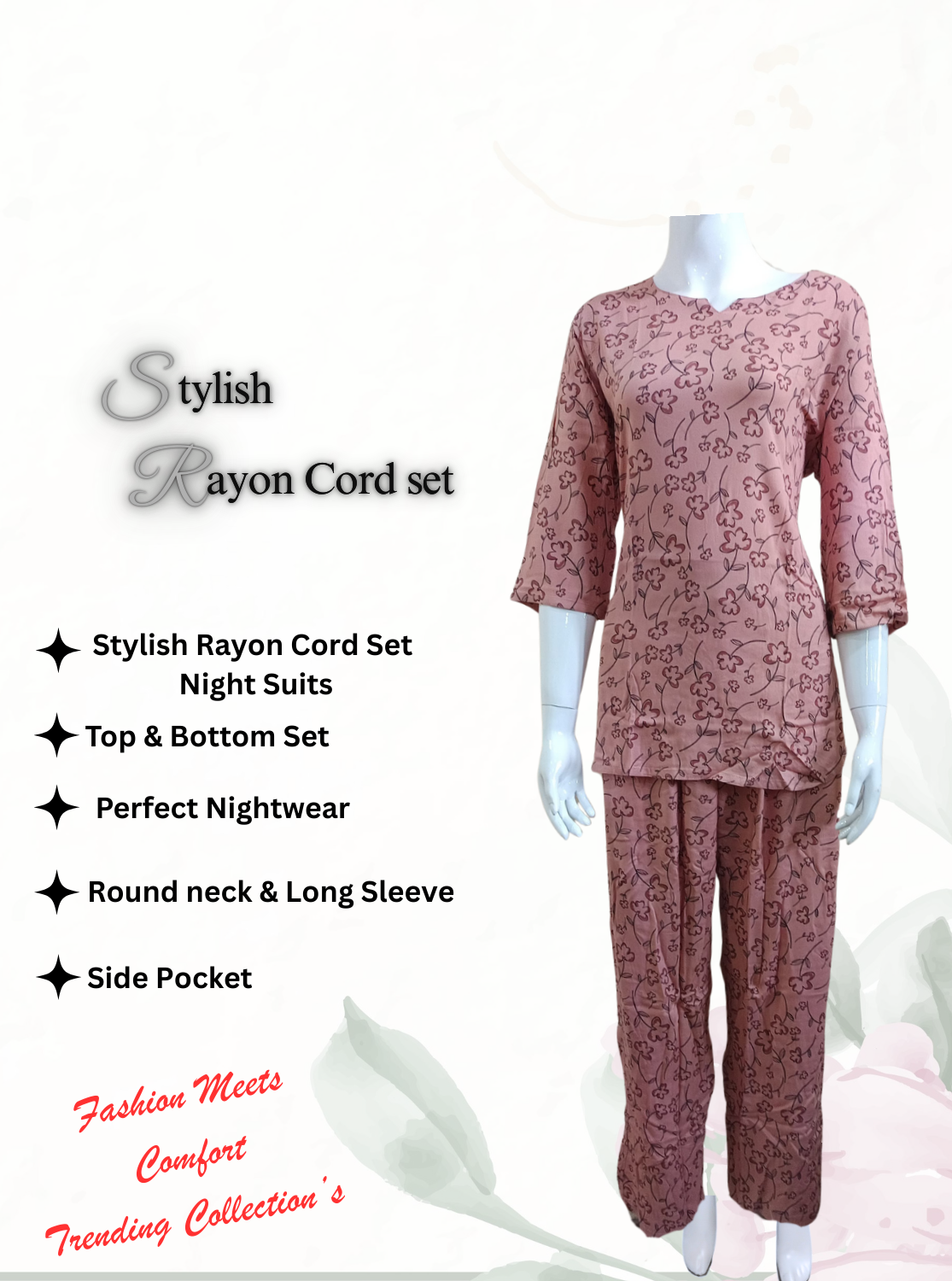 MANGAI Premium Rayon Cord Set Round neck Night Suits for Teenage and Modern Women's A Perfect Nightwear (RCOS)