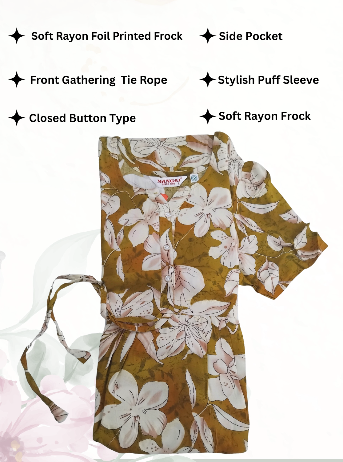 Rayon Colourful Foil Printing Gathering Frock Model Nighties | Side Pocket and Gathering Front Rope | Fancy Sleeve & Maxi Frock Nightwear for Stylish Women's (FGF)